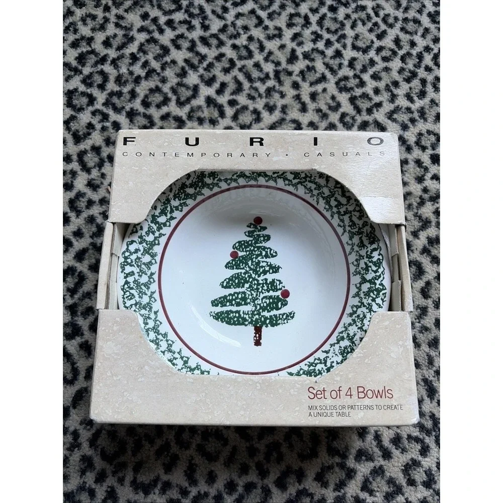 VTG Furio Sponge Christmas Tree Set of 4 Soup Bowls Green Red Band Italy 8